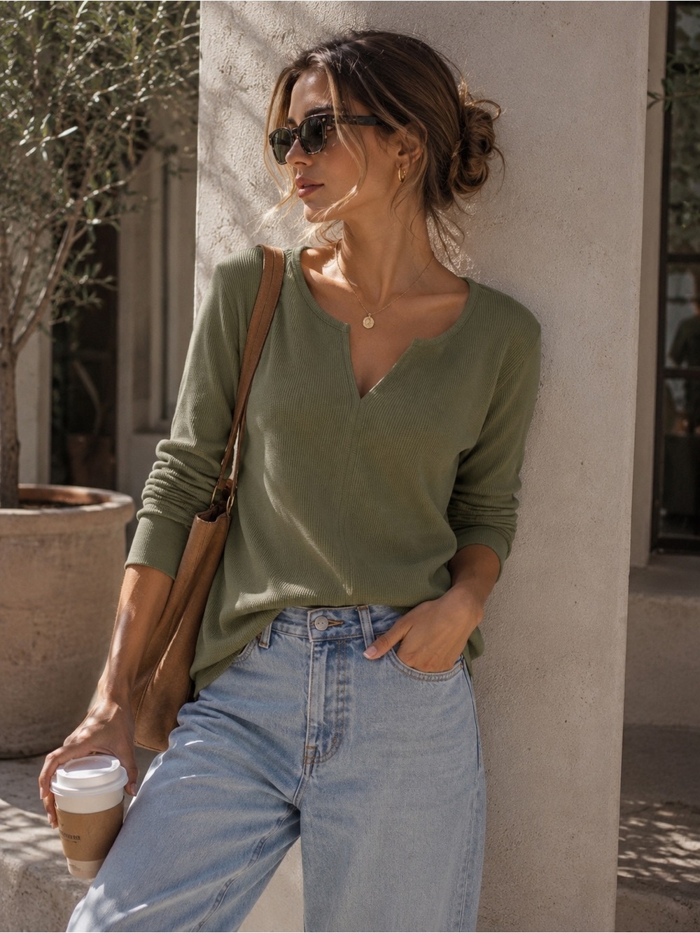 Caslon Olive Green Waffle Knit Long Sleeve Top XXS